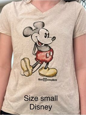 Disney Beige Mickey Mouse V-Neck Tee with Red and Yellow Accents